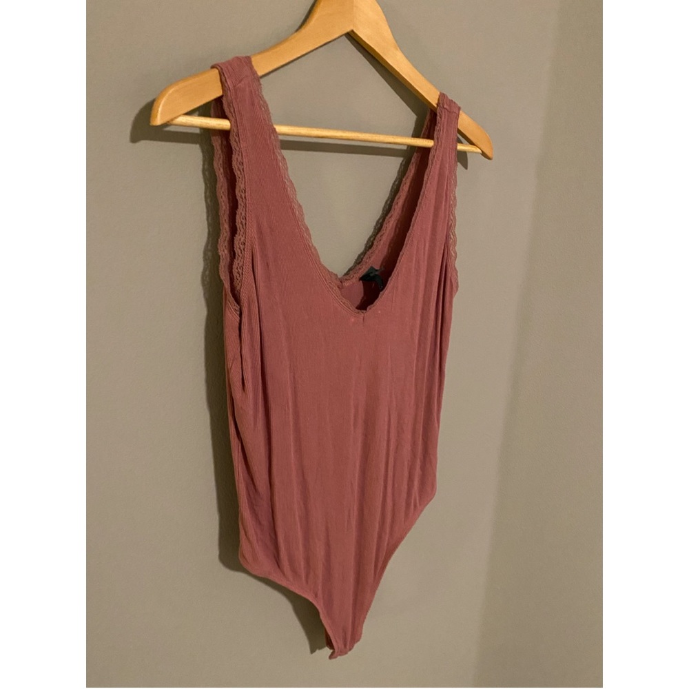 Rose tank top bodysuit with lace bordered straps